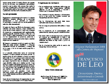 Brochure - Francesco de Leo - Voto Italiano all'Estero - Circoscrizione America Settentrionale e Centrale - Alternativa Indipendente Italiani all'Estero